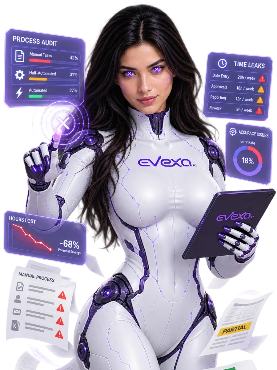 Evexa, arms folded, looking back over her shoulder
